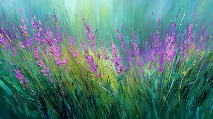 Soothing oil painting of a blooming meadow with vibrant wildflowers and soft brushstrokes, capturing the peaceful essence of nature and ideal for therapeutic and calming environments.

