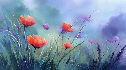 Soothing oil painting of a blooming meadow with vibrant wildflowers and soft brushstrokes, capturing the peaceful essence of nature and ideal for therapeutic and calming environments.

