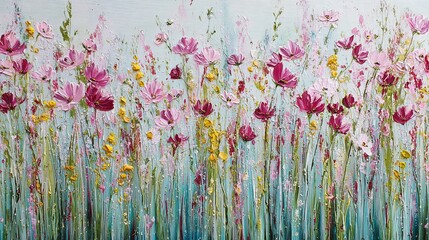Soothing oil painting of a blooming meadow with vibrant wildflowers and soft brushstrokes, capturing the peaceful essence of nature and ideal for therapeutic and calming environments.


