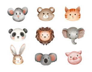 A charming set of adorable animal head watercolor illustrations, for nursery decor, children books, greeting cards, and cute themed designs.