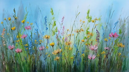 Soothing oil painting of a blooming meadow with vibrant wildflowers and soft brushstrokes, capturing the peaceful essence of nature and ideal for therapeutic and calming environments.

