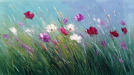 Soothing oil painting of a blooming meadow with vibrant wildflowers and soft brushstrokes, capturing the peaceful essence of nature and ideal for therapeutic and calming environments.

