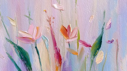 Soothing oil painting of a blooming meadow with vibrant wildflowers and soft brushstrokes, capturing the peaceful essence of nature and ideal for therapeutic and calming environments.

