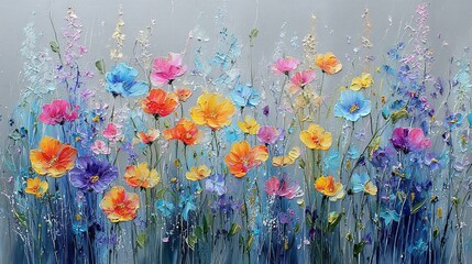 Soothing oil painting of a blooming meadow with vibrant wildflowers and soft brushstrokes, capturing the peaceful essence of nature and ideal for therapeutic and calming environments.

