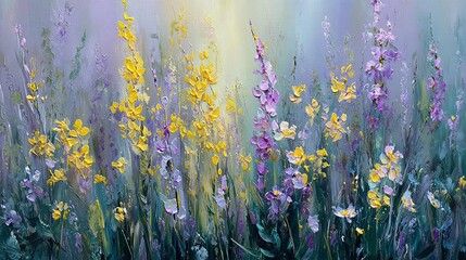 Soothing oil painting of a blooming meadow with vibrant wildflowers and soft brushstrokes, capturing the peaceful essence of nature and ideal for therapeutic and calming environments.

