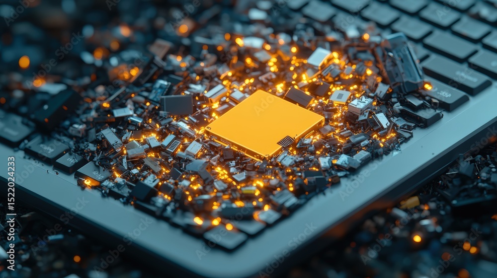 Poster close-up of intricate electronic circuit board with illuminated microchips and glowing components on