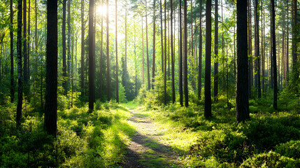 Obraz premium Sunlit Forest Path Through Pine Trees