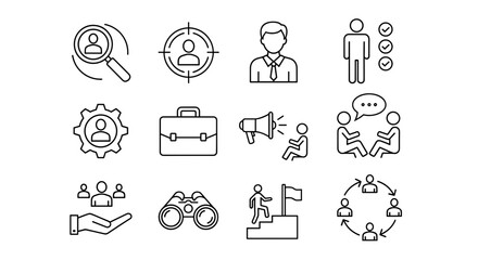 Fototapeta premium Collection of business and human resources line icons representing various concepts and activities on transparent background