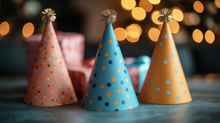 party hats on table with blurred gift boxes in background