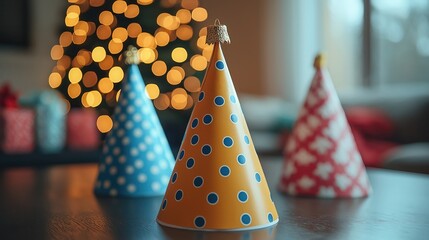 party hats on table with blurred gift boxes in background