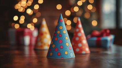 party hats on table with blurred gift boxes in background
