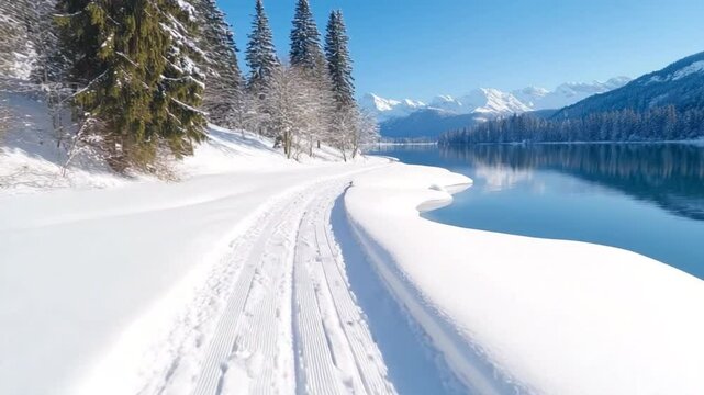 Winter Cross-Country Skiing Trail: Serene winter landscape featuring a snow-covered cross-country skiing trail winding along a tranquil lake.