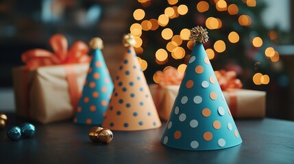 party hats on table with blurred gift boxes in background