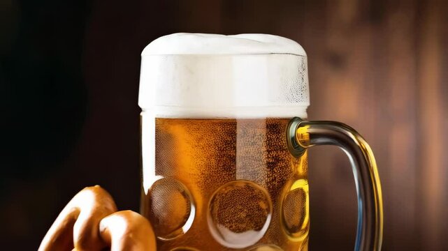 Frothy beer mug with pretzel and wheat stalks on wood, bavarian pattern cloth detail, celebration and refreshment