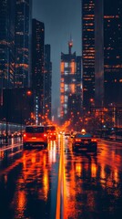 Obraz premium Cars drive through the dark urban landscape on a wet, rainy night in the city