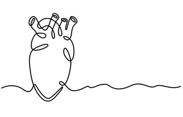 Single continuous line art anatomical human heart silhouette. Healthy medicine concept design one sketch outline drawing vector illustration.