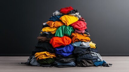 Tall pile of colorful folded clothing stacked against dark wall with floor visible in foreground