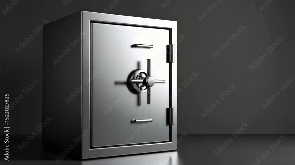Poster heavy metal safe with a combination lock and handle isolated against a dark grey backdrop for securi