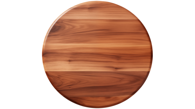Close up of a circular wooden cutting board on black background - Powered by Adobe