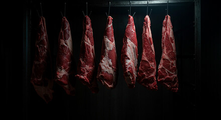 A series of raw meat cuts hang in a dark space, creating a chilling and impactful scene, where the raw meat is illuminated.