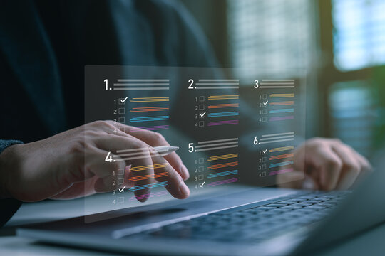 Online survey and assessment interface with interactive checkboxes and digital forms, perfect for e-learning, user feedback, and remote evaluations in a modern virtual workspace.