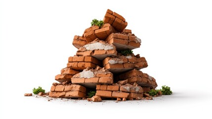 Crumbling brick pile with moss and greenery on white background for construction decay concept