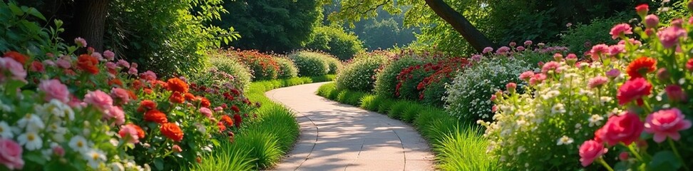 Winding garden path adorned with vibrant, blooming flowers and lush greenery, creating a picturesque and idyllic scene perfect for relaxation and tranquility , sunlight, path