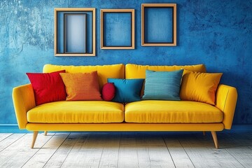 Vibrant Yellow Sofa Against a Bold Blue Wall