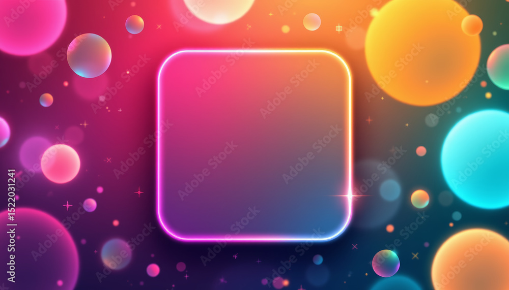 Poster vibrant and colorful background featuring minimalistic square banner with rounded edges, surrounded 
