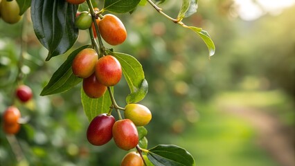 Obraz premium Cluster of ripe jujube fruits on branch with green leaves