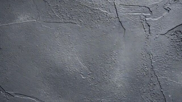 Close up view of detailed textured grey stone wall surface with cracks and rough cement plastering and rugged pattern, abstract background