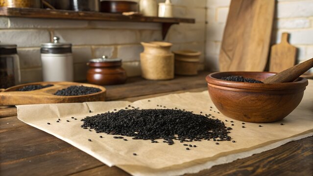 Black cumin seeds scattered over parchment paper