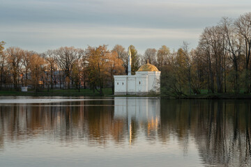 The pavilion of the Turkish Bath on the shore of a Large pond in the Catherine Park in Tsarskoye...