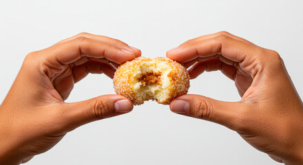 Bitten Sugar Donut Delight: Hands holding a filled donut with a bite taken, showcasing its sweet, delectable center against a white background.