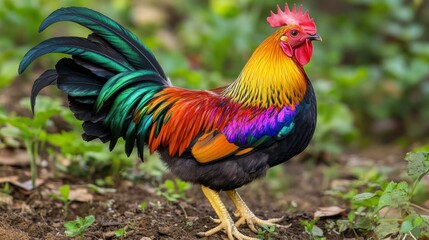 Fototapeta premium A colorful rooster with vibrant plumage standing outdoors in nature
