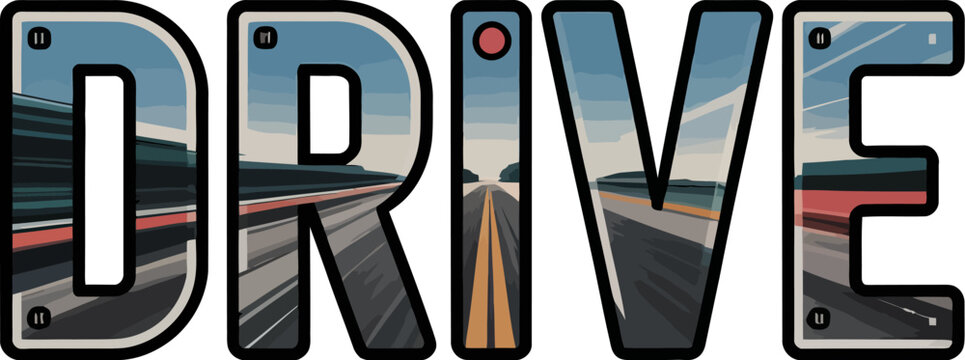 Drive typography road trip adventure travel concept car journey highway scenic route vacation graphic design editable stock vector illustration