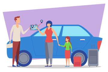 Family standing next to blue car while planning road trip. Father holding map, while mother and daughter discussing route. Luggage ready for travel