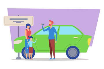 Family enjoying road trip, posing for selfie beside bright green car. Road sign in background