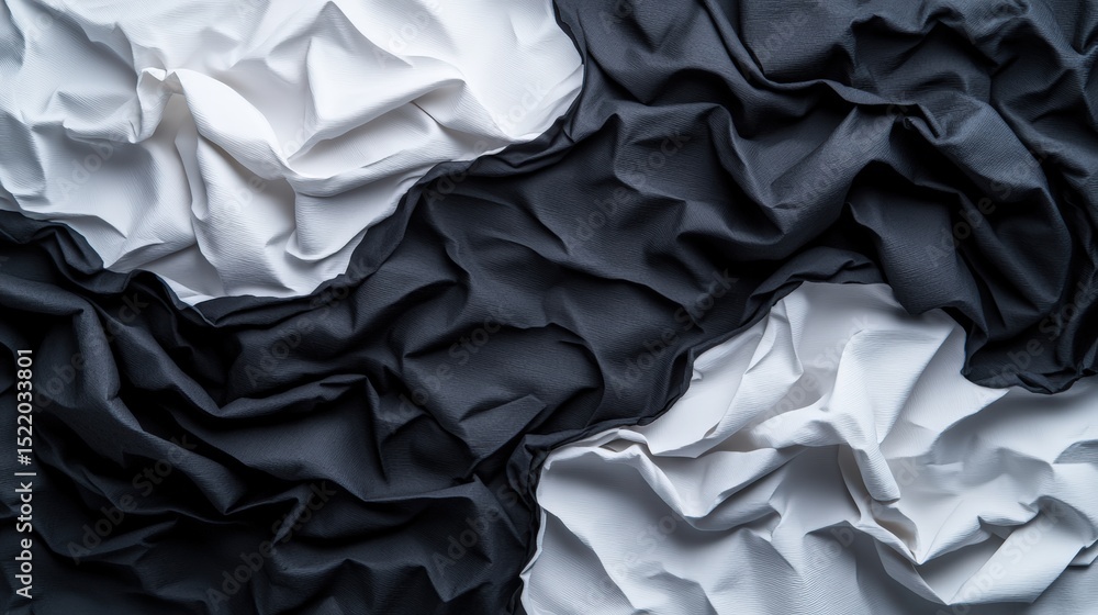 Poster abstract crumpled fabric texture with black and white colors and intricate folds in close-up view