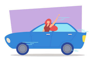 Woman with red hair joyfully leaning out of blue cars window while driving. Girl raising her arm in excitement as vehicle speeding along road against colorful backdrop