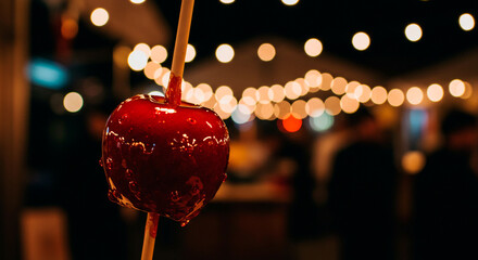 Candied apple on a stick glistens under warm festival lights, a sweet treat at an evening fair.