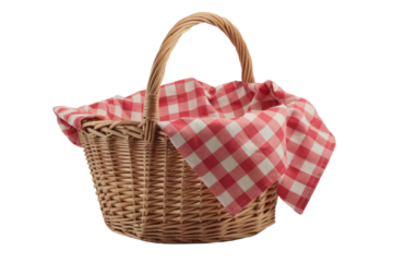picnic basket with red gingham cloth isolated on background