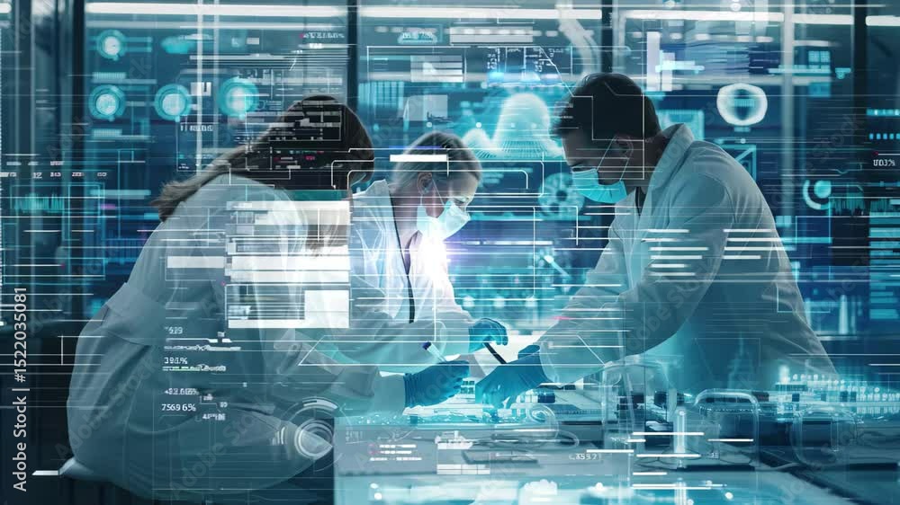 Poster scientists collaborate in a high-tech laboratory utilizing advanced interfaces for research and data