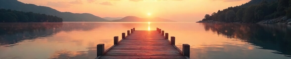 Obraz premium Tranquil scene of a wooden dock extending over calm water towards a serene shoreline, bathed in the soft glow of sunrise , beautiful, seascape