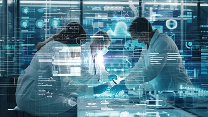 Scientists collaborate in a high-tech laboratory utilizing advanced interfaces for research and data analysis in a contemporary environment - Powered by Adobe