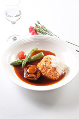 Asparagus, abalone and rice with abalone sauce