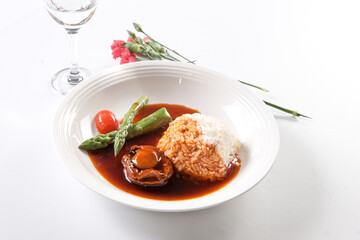 Asparagus, abalone and rice with abalone sauce