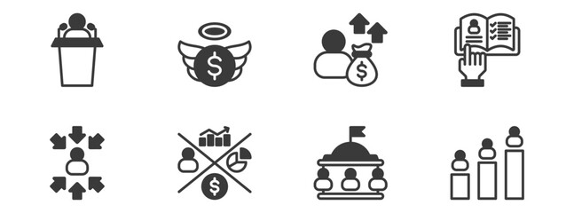 Naklejka premium public figure, investor, angel investor, instruction, stakeholders alignment, stakeholders metric, government, and stakeholders ranking. Simple vector black illustration.