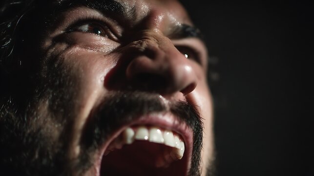 Close-Up Portrait Of A Man Face With An Open Mouth In An Expression Of Fury, representing extreme anger or pain