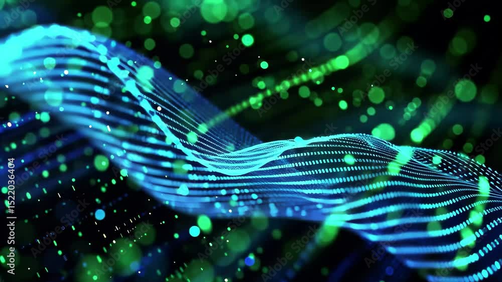 Poster modern technology wallpaper featuring flowing patterns of blue and green light against a dark backdr